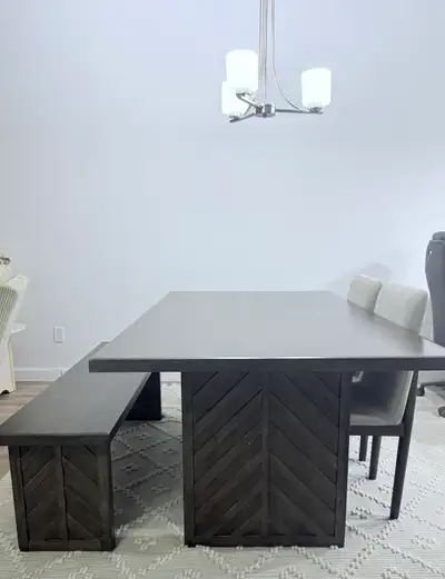 Dark Wood Dining Table Bench 2 Chairs Upholstered 70”x37”, View more