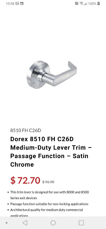 Dorex straight lever trim. Satin finish. New in box never used. in Windows, Doors & Trim in City of Halifax