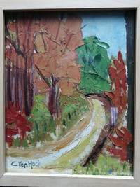 Peinture toile tableau Van Hock huile paysage chemin arbre