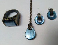 Vintage Necklace/Ear/Ring Set, Antique Brass with Blue
