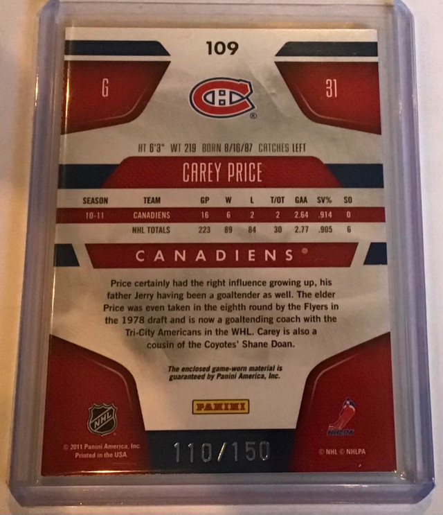 Montreal Canadiens Carey Price Dual Colour Jersey Card + 5 in Arts & Collectibles in Guelph - Image 3
