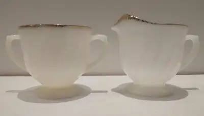 Fire King cream and sugar white swirl gold trim milk glass, View more