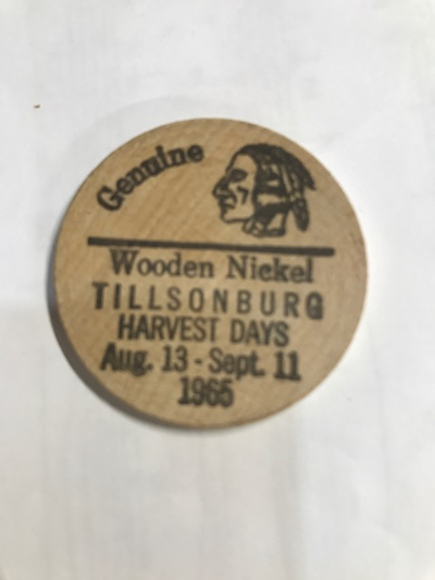 Tillsonburg wooden nickel, brand new, 1965, FREE, View more