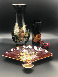 Vintage Japan Otagiri Vases Owl, Pheasants, Fan Dish