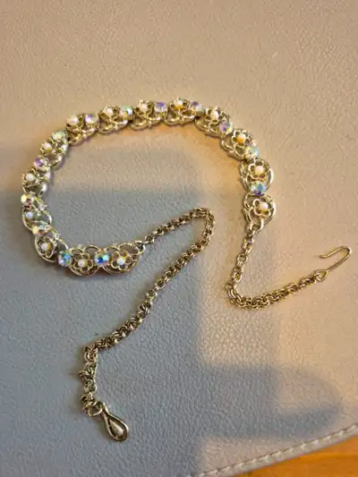 Necklace, vintage, pearl like with stones, gold colour chain, View more