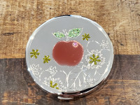 Silver Metal Compact Hand Mirror With Red Apple. Like new!