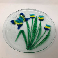 Studio Fused Glass Plate Butterfly Flowers