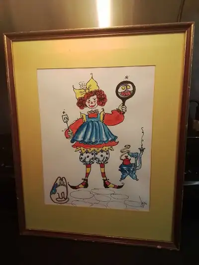 Framed whimsical, clown-like figure in colorful attire Signed Ji, View more