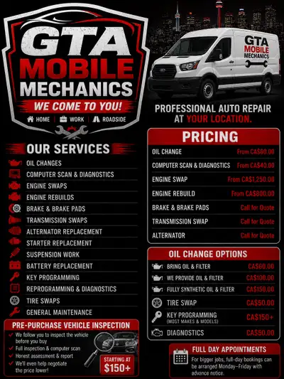 GTA MOBILE MECHANICS  WE COME TO YOU — Home • Work • Roadside Need fast and reliable auto repairs wi...