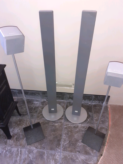 4 Sony speakers. Bookshelf on stands. LOTS of speakers here., View more