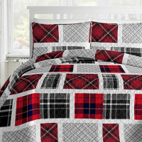 3 PC Patchwork Quilt Set • Red & Grey • Queen Size