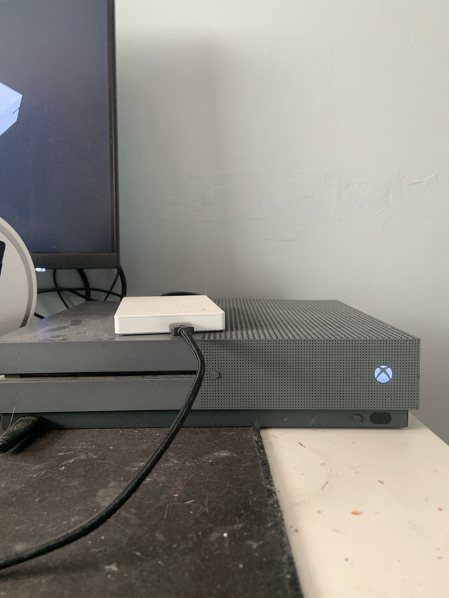 Xbox One S, With Games, Moniter, Controllers, and Storage Hardri in XBOX One in Bedford