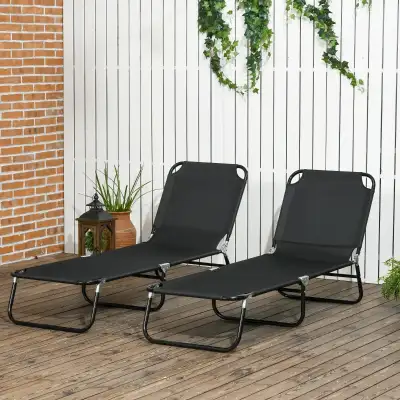 Set of 2 Folding Outdoor Lounge Chair, Sun Tanning Chairs with Reclining Back, Breathable Mesh for B...