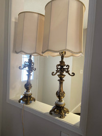 Vintage cherub pair brass + marble lamps with silk shades