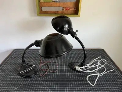 Two vintage industrial table lamps, View more