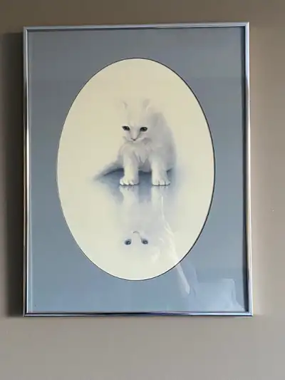 Extremely cute white Persian kitten print on grey background with silver frame. Perfect for cat love...