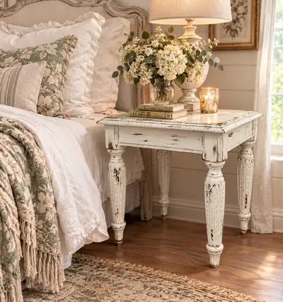  Designer Distressed Farmhouse White Linen End Tables/Nightst, View more