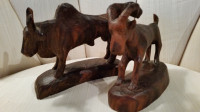 Hand Carved (Rosewood??) Brahma Bull and Goat