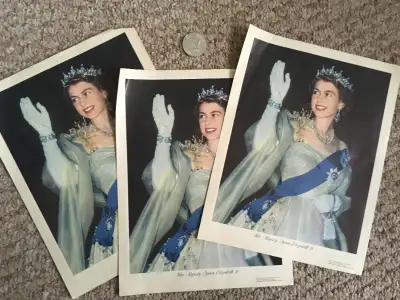 Three Queen Elizabeth II photos and Silver Jubilee coin, View more