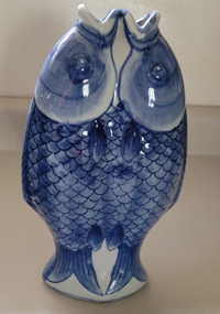 Vintage Rare Blue & White Vase Porcelain Double Fish Vase
