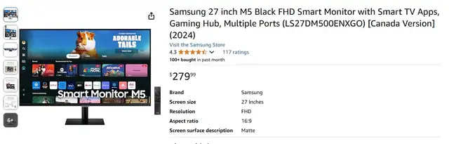 SAMSUNG® 27” M5 FHD Smart Monitor | Model: LS27DM500ENXGO62863258790018122