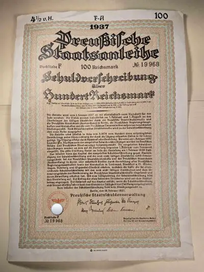 100 Reichmarks 1937 Allemagne. Germany war bonds, View more