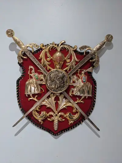 Spanish vintage Medieval Coat of Arms Sword Knight Plaque Crest, View more