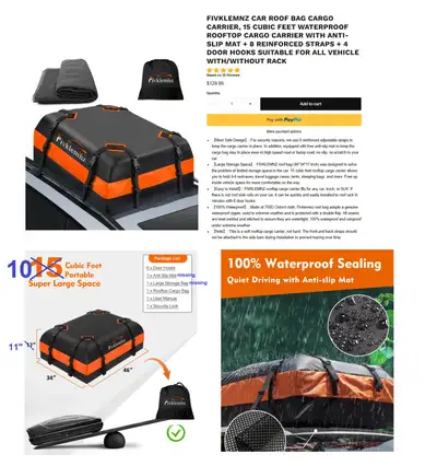 Car Roof Bag Cargo Carrier, 10 Cubic Feet, 100% Waterproof, View more
