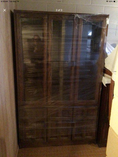 Teak dining table and hutch with 6 chairs, View more