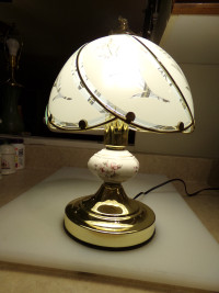 PORCELAIN, GLASS , BRASS, COMPACT LAMP, ON/OFF TOUCH TECHNOLOGY