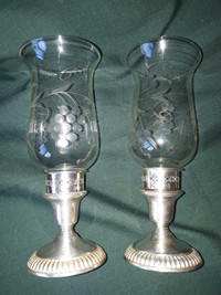 Vintage hurricane etched crystal and silver candle holders