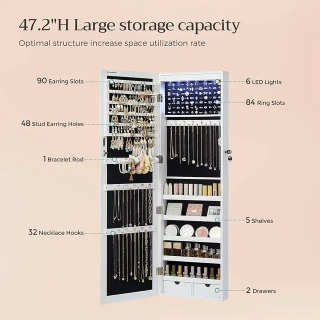 6 LEDs Mirror Jewelry Cabinet, 47.2-Inch Tall Lockable Wall or in Home Décor & Accents in Markham / York Region - Image 5