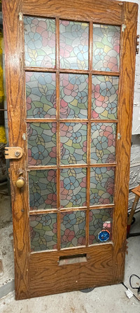 Vintage Wood and Glass Door w/ 12 Glass Panels w/Floral Design