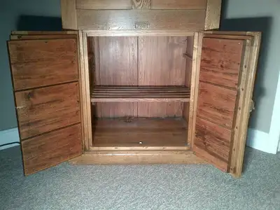 Vintage (antique) ice box. Oak exterior / pine interior. Lighting inside Size: 39 inches wide, 52 in...