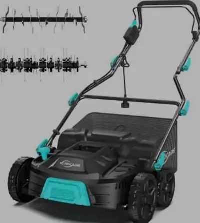 16-Inch 15Amp 2-in-1 Electric Dethatcher & Scarifier with 5-Position Depth Adjustment, 12 & Gallon R...
