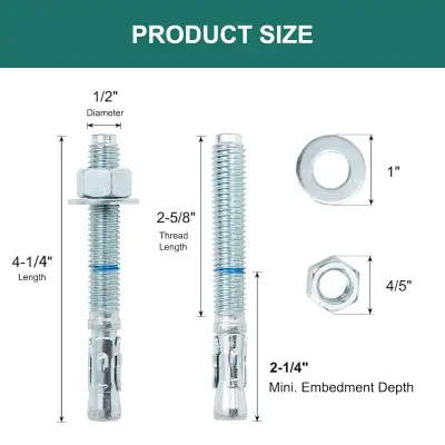 Concrete Anchors 1/2 Inch Wedge Anchors Bolts Zinc Plated, View more