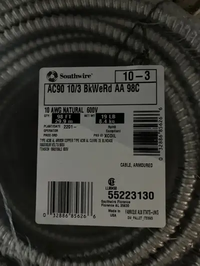 10/3 bx armuor wire  dryer cooktop  air conditioning electrical, View more