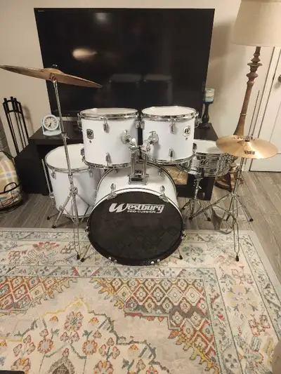 As new, 5 pc. Westbury drums, hardware, upgraded Sabian cymbals., View more