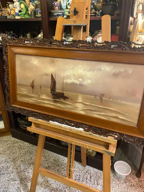ANTIQUE WOOD OPENWORK FRAME DANISH OIL ON CANVAS PAINTING SEA. in Arts & Collectibles in Vancouver - Image 6