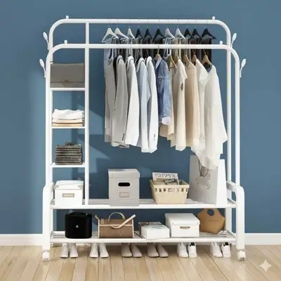 Multi-functional White Closet Organizer Rack with Side Hooks and, View more