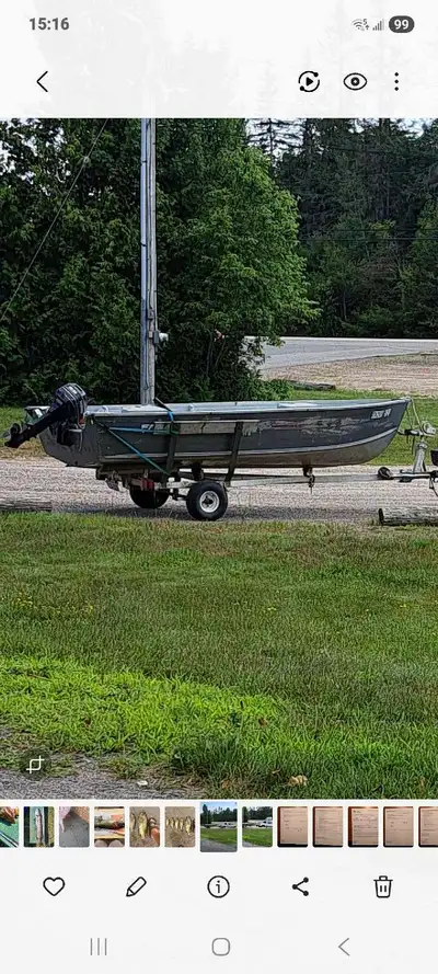 16ft, wide bottom aluminum boat. Includes trailer, evinrude 9.9 motor ( do not need boat license) se...