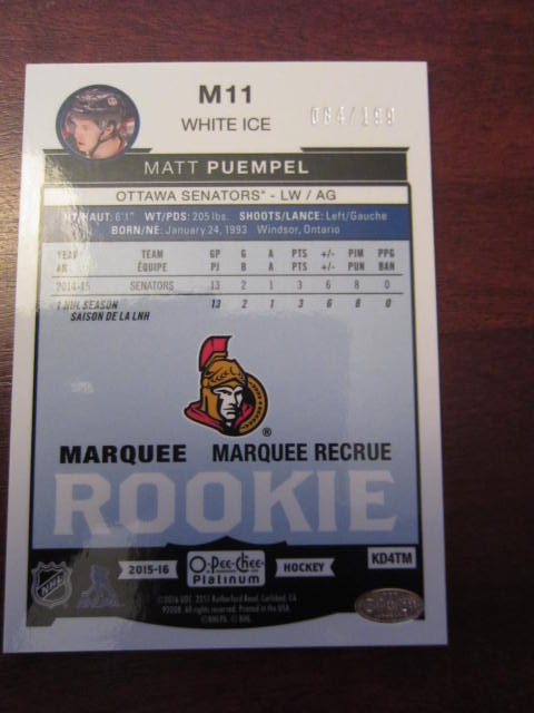 15-16 O-Pee-Chee Platinum Marquee Rookies Matt Puempel White Ice in Arts & Collectibles in London - Image 4