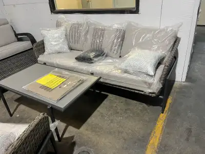 Brand new just set up $2899 patio set 2 chairs coffee table sofa accent cushions and cover Aluminum...
