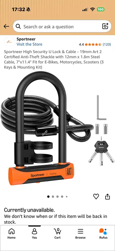 Sportneer High Security U Lock & Cable New Unopened Box, View more