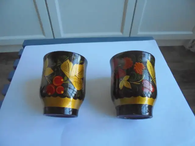 Russian Khokhloma 2 cups/saucers & 2 goblets wooden housewares63006661363841122