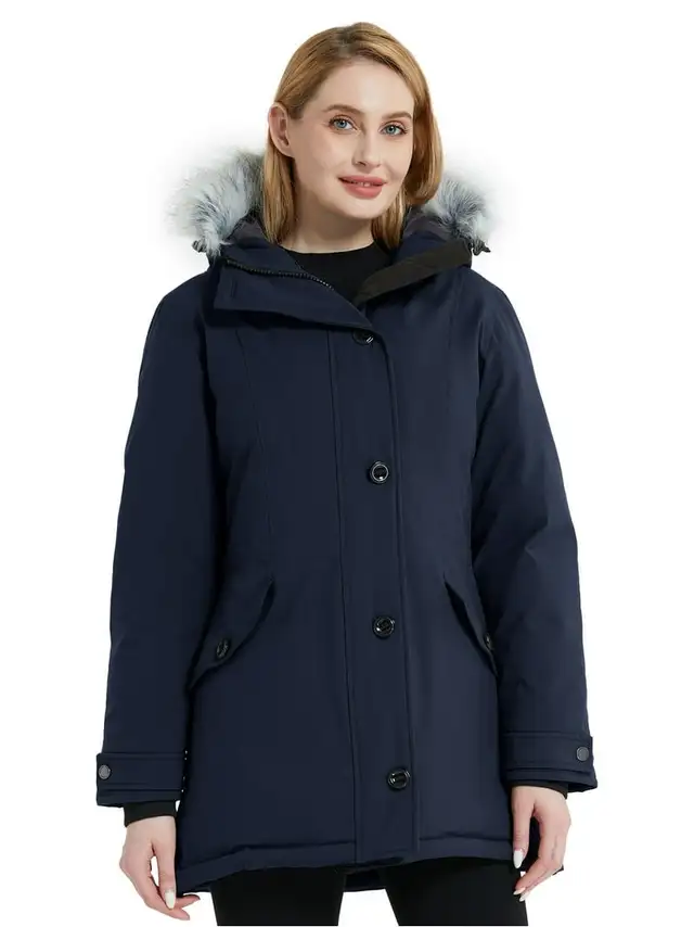 Wantdo Women's Navy Winter Jacket Parka with Hood, Size Large