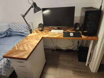 Acacia L desk, 1 ½" butcher block + ikea drawer & legs, View more