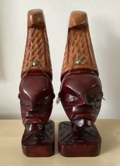 PRICE DROP! Pair of VTG Wooden Hand Carved African Tribal Busts, View more