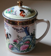 Vintage Chinese Hand Painted Ceramic Floral/Rooster Mug w/ Lid