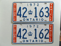 EXTRA RARE VINTAGE LOT of 2 1972 HISTORIC ONTARIO LICENSE PLATES